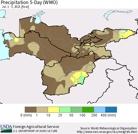 Central Asia Precipitation 5-Day (WMO) Thematic Map For 7/1/2021 - 7/5/2021