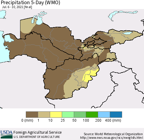 Central Asia Precipitation 5-Day (WMO) Thematic Map For 7/6/2021 - 7/10/2021