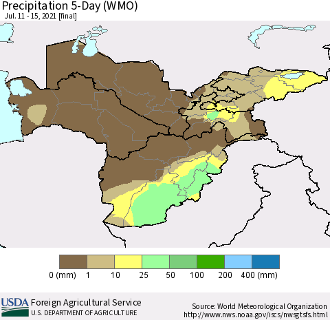Central Asia Precipitation 5-Day (WMO) Thematic Map For 7/11/2021 - 7/15/2021