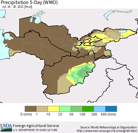 Central Asia Precipitation 5-Day (WMO) Thematic Map For 7/16/2021 - 7/20/2021