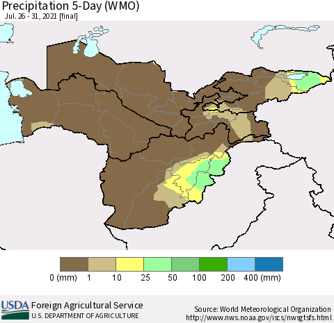 Central Asia Precipitation 5-Day (WMO) Thematic Map For 7/26/2021 - 7/31/2021