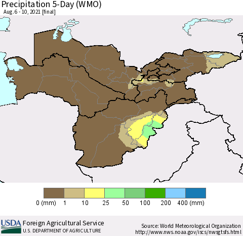 Central Asia Precipitation 5-Day (WMO) Thematic Map For 8/6/2021 - 8/10/2021