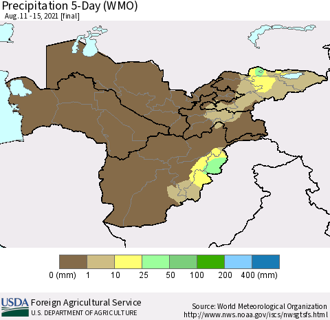 Central Asia Precipitation 5-Day (WMO) Thematic Map For 8/11/2021 - 8/15/2021