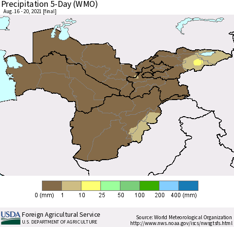 Central Asia Precipitation 5-Day (WMO) Thematic Map For 8/16/2021 - 8/20/2021
