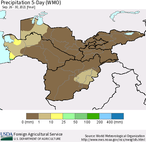 Central Asia Precipitation 5-Day (WMO) Thematic Map For 9/26/2021 - 9/30/2021