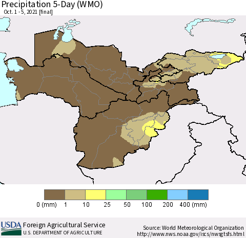 Central Asia Precipitation 5-Day (WMO) Thematic Map For 10/1/2021 - 10/5/2021