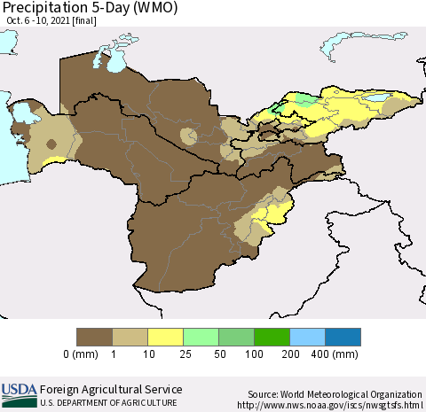Central Asia Precipitation 5-Day (WMO) Thematic Map For 10/6/2021 - 10/10/2021