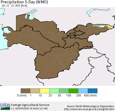 Central Asia Precipitation 5-Day (WMO) Thematic Map For 10/11/2021 - 10/15/2021