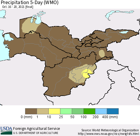 Central Asia Precipitation 5-Day (WMO) Thematic Map For 10/16/2021 - 10/20/2021