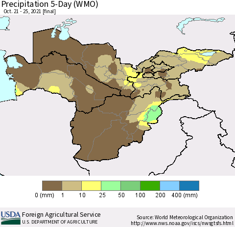 Central Asia Precipitation 5-Day (WMO) Thematic Map For 10/21/2021 - 10/25/2021