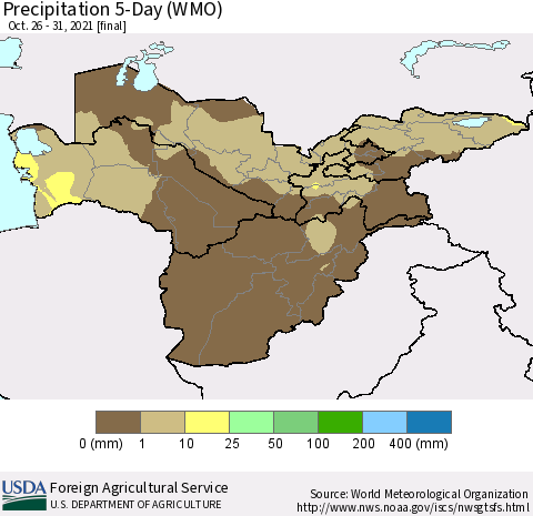 Central Asia Precipitation 5-Day (WMO) Thematic Map For 10/26/2021 - 10/31/2021