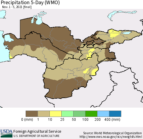 Central Asia Precipitation 5-Day (WMO) Thematic Map For 11/1/2021 - 11/5/2021