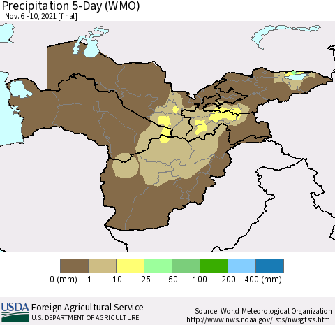 Central Asia Precipitation 5-Day (WMO) Thematic Map For 11/6/2021 - 11/10/2021