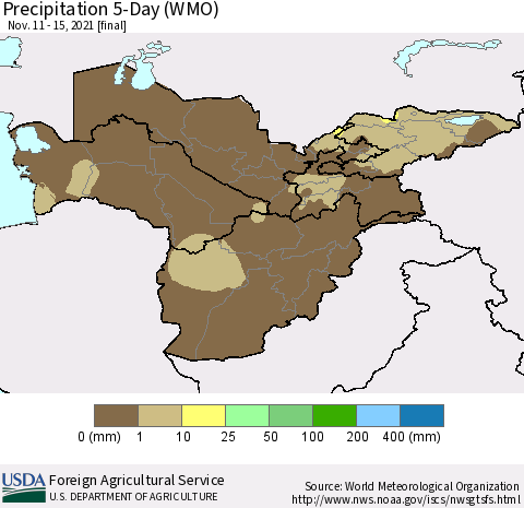 Central Asia Precipitation 5-Day (WMO) Thematic Map For 11/11/2021 - 11/15/2021
