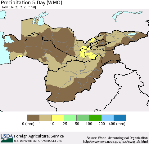 Central Asia Precipitation 5-Day (WMO) Thematic Map For 11/16/2021 - 11/20/2021