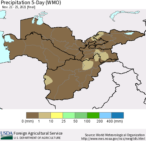 Central Asia Precipitation 5-Day (WMO) Thematic Map For 11/21/2021 - 11/25/2021