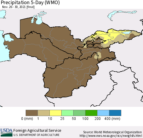 Central Asia Precipitation 5-Day (WMO) Thematic Map For 11/26/2021 - 11/30/2021