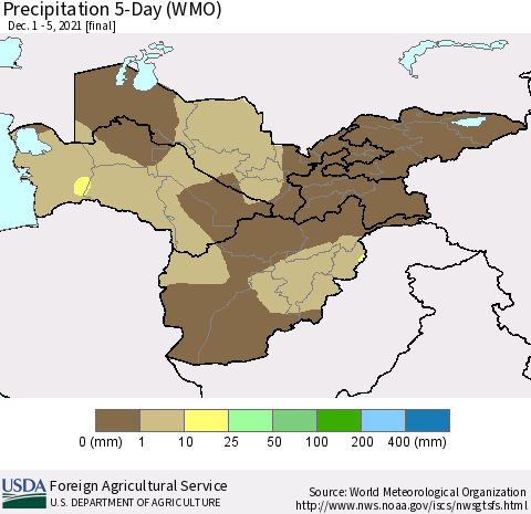 Central Asia Precipitation 5-Day (WMO) Thematic Map For 12/1/2021 - 12/5/2021