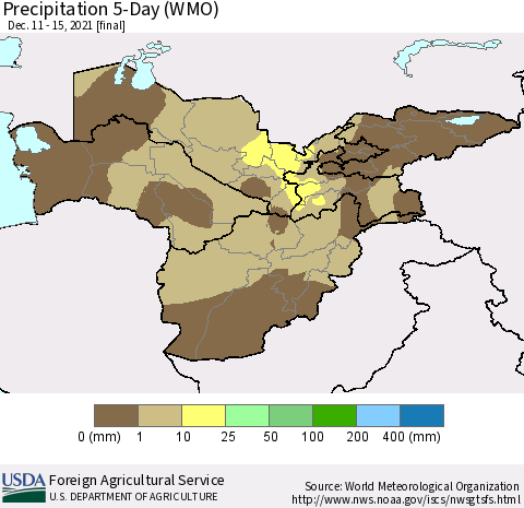 Central Asia Precipitation 5-Day (WMO) Thematic Map For 12/11/2021 - 12/15/2021