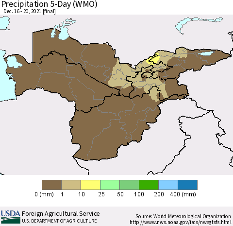Central Asia Precipitation 5-Day (WMO) Thematic Map For 12/16/2021 - 12/20/2021