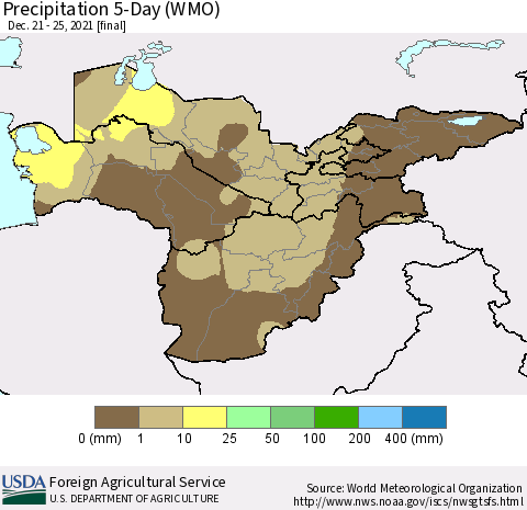 Central Asia Precipitation 5-Day (WMO) Thematic Map For 12/21/2021 - 12/25/2021
