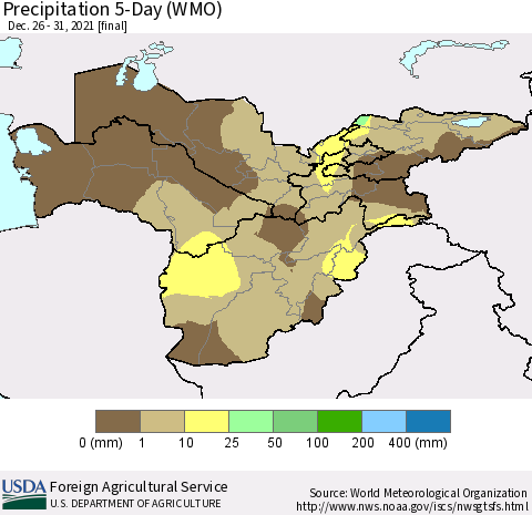 Central Asia Precipitation 5-Day (WMO) Thematic Map For 12/26/2021 - 12/31/2021