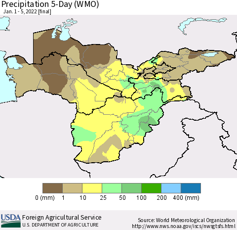 Central Asia Precipitation 5-Day (WMO) Thematic Map For 1/1/2022 - 1/5/2022