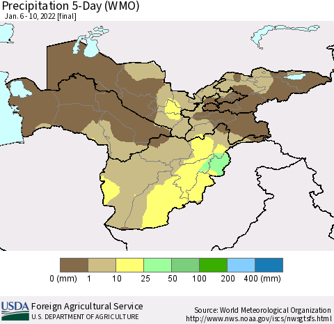 Central Asia Precipitation 5-Day (WMO) Thematic Map For 1/6/2022 - 1/10/2022