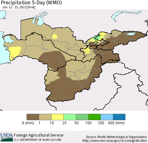 Central Asia Precipitation 5-Day (WMO) Thematic Map For 1/11/2022 - 1/15/2022