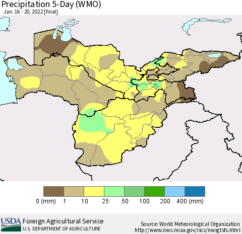 Central Asia Precipitation 5-Day (WMO) Thematic Map For 1/16/2022 - 1/20/2022