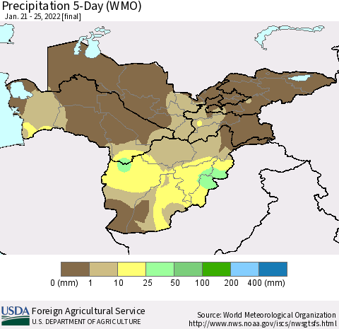 Central Asia Precipitation 5-Day (WMO) Thematic Map For 1/21/2022 - 1/25/2022