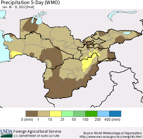 Central Asia Precipitation 5-Day (WMO) Thematic Map For 1/26/2022 - 1/31/2022
