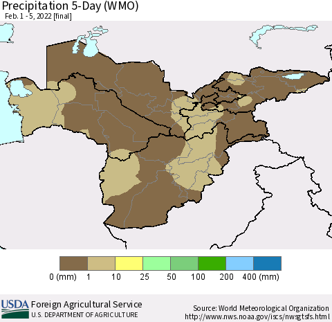 Central Asia Precipitation 5-Day (WMO) Thematic Map For 2/1/2022 - 2/5/2022