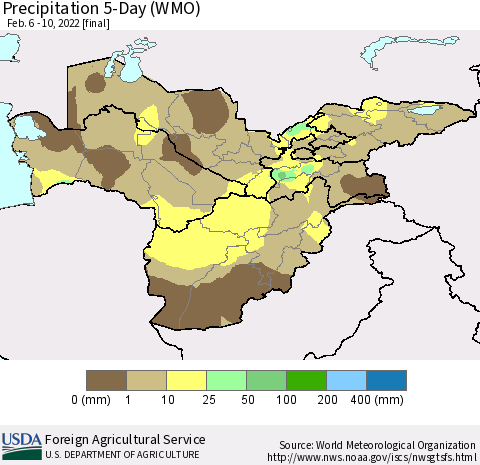 Central Asia Precipitation 5-Day (WMO) Thematic Map For 2/6/2022 - 2/10/2022