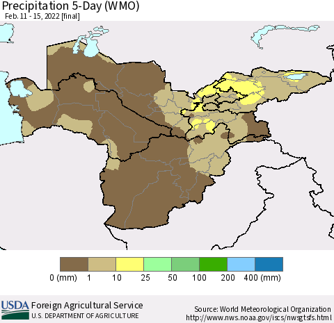 Central Asia Precipitation 5-Day (WMO) Thematic Map For 2/11/2022 - 2/15/2022