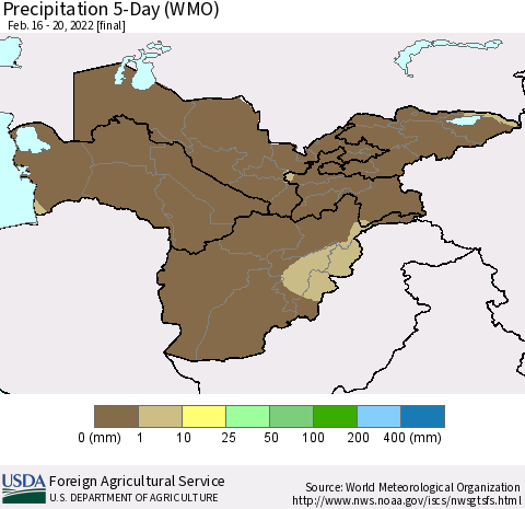 Central Asia Precipitation 5-Day (WMO) Thematic Map For 2/16/2022 - 2/20/2022