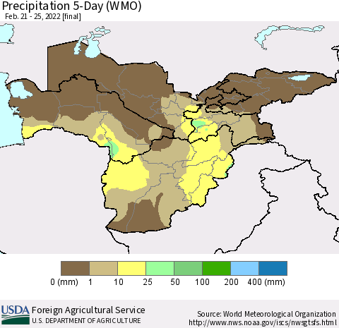 Central Asia Precipitation 5-Day (WMO) Thematic Map For 2/21/2022 - 2/25/2022