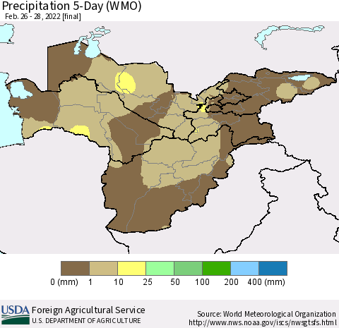 Central Asia Precipitation 5-Day (WMO) Thematic Map For 2/26/2022 - 2/28/2022