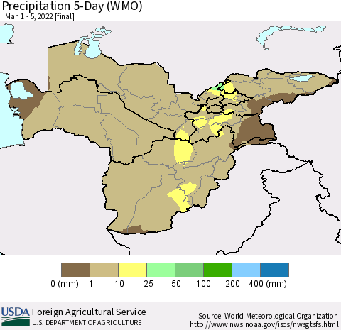 Central Asia Precipitation 5-Day (WMO) Thematic Map For 3/1/2022 - 3/5/2022
