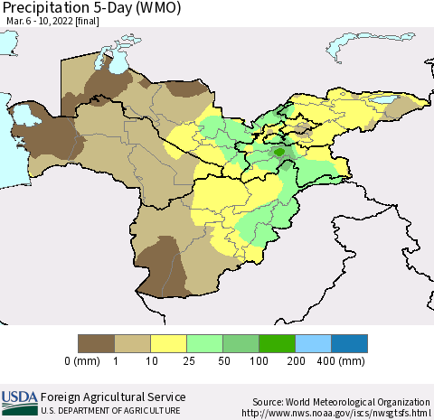 Central Asia Precipitation 5-Day (WMO) Thematic Map For 3/6/2022 - 3/10/2022