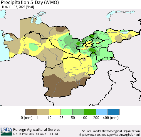 Central Asia Precipitation 5-Day (WMO) Thematic Map For 3/11/2022 - 3/15/2022