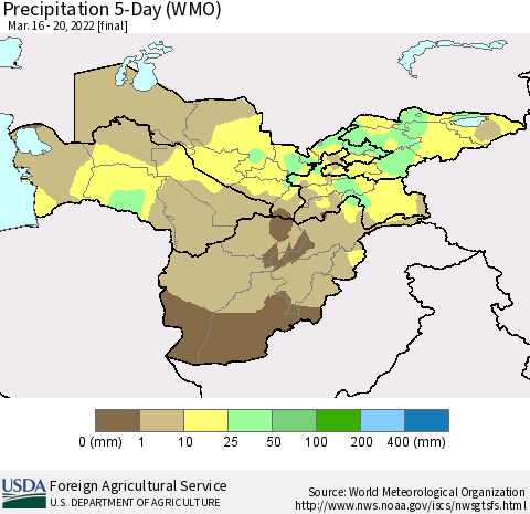 Central Asia Precipitation 5-Day (WMO) Thematic Map For 3/16/2022 - 3/20/2022