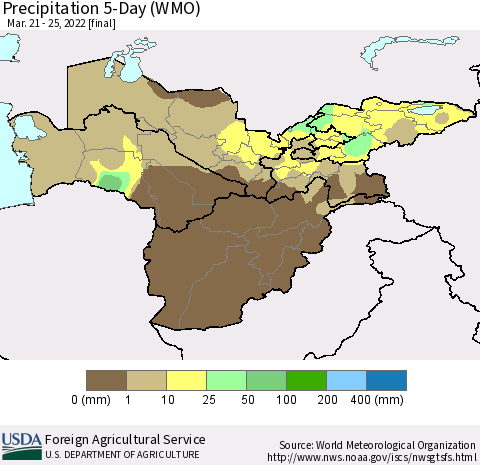 Central Asia Precipitation 5-Day (WMO) Thematic Map For 3/21/2022 - 3/25/2022