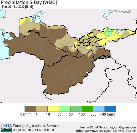 Central Asia Precipitation 5-Day (WMO) Thematic Map For 3/26/2022 - 3/31/2022