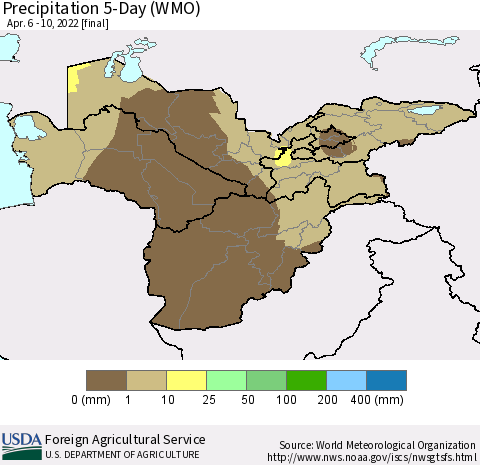 Central Asia Precipitation 5-Day (WMO) Thematic Map For 4/6/2022 - 4/10/2022