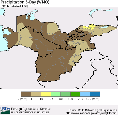 Central Asia Precipitation 5-Day (WMO) Thematic Map For 4/11/2022 - 4/15/2022