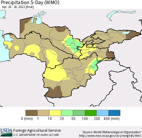 Central Asia Precipitation 5-Day (WMO) Thematic Map For 4/16/2022 - 4/20/2022