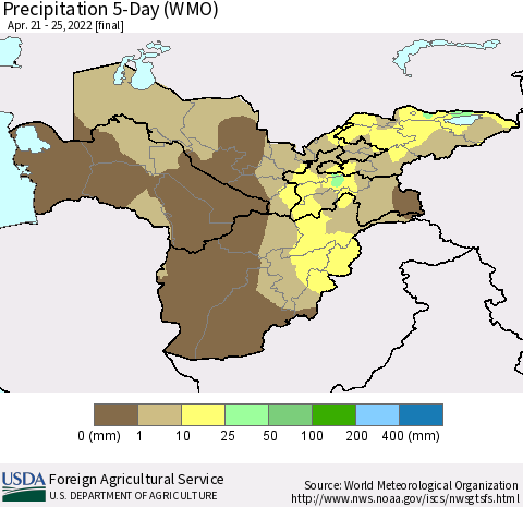 Central Asia Precipitation 5-Day (WMO) Thematic Map For 4/21/2022 - 4/25/2022