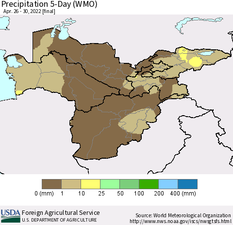 Central Asia Precipitation 5-Day (WMO) Thematic Map For 4/26/2022 - 4/30/2022
