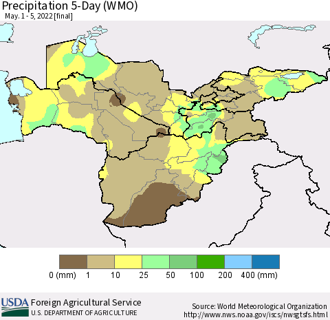 Central Asia Precipitation 5-Day (WMO) Thematic Map For 5/1/2022 - 5/5/2022